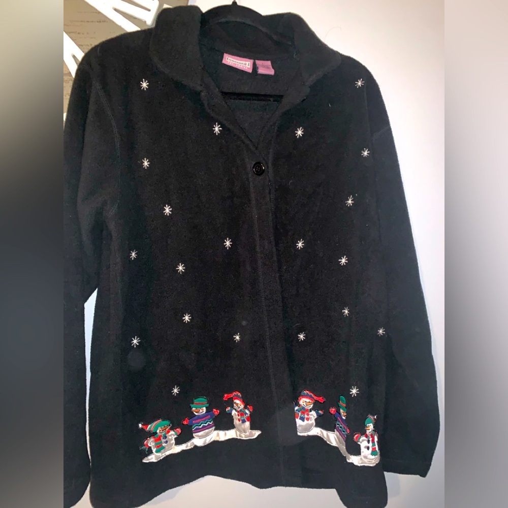 - - Premier button down black holiday Christmas snowman cardigan fleece si…